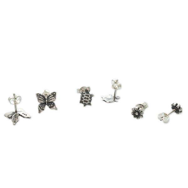 Alternate image for 3-Piece Nature-Themed Sterling Silver Stud Earrings Set Bucklers of Nature
