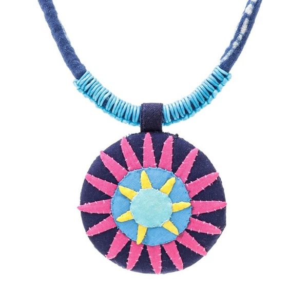 Alternate image for Handcrafted Cotton Pendant Necklace in Pink from Thailand Pink Hmong Sun Medallion