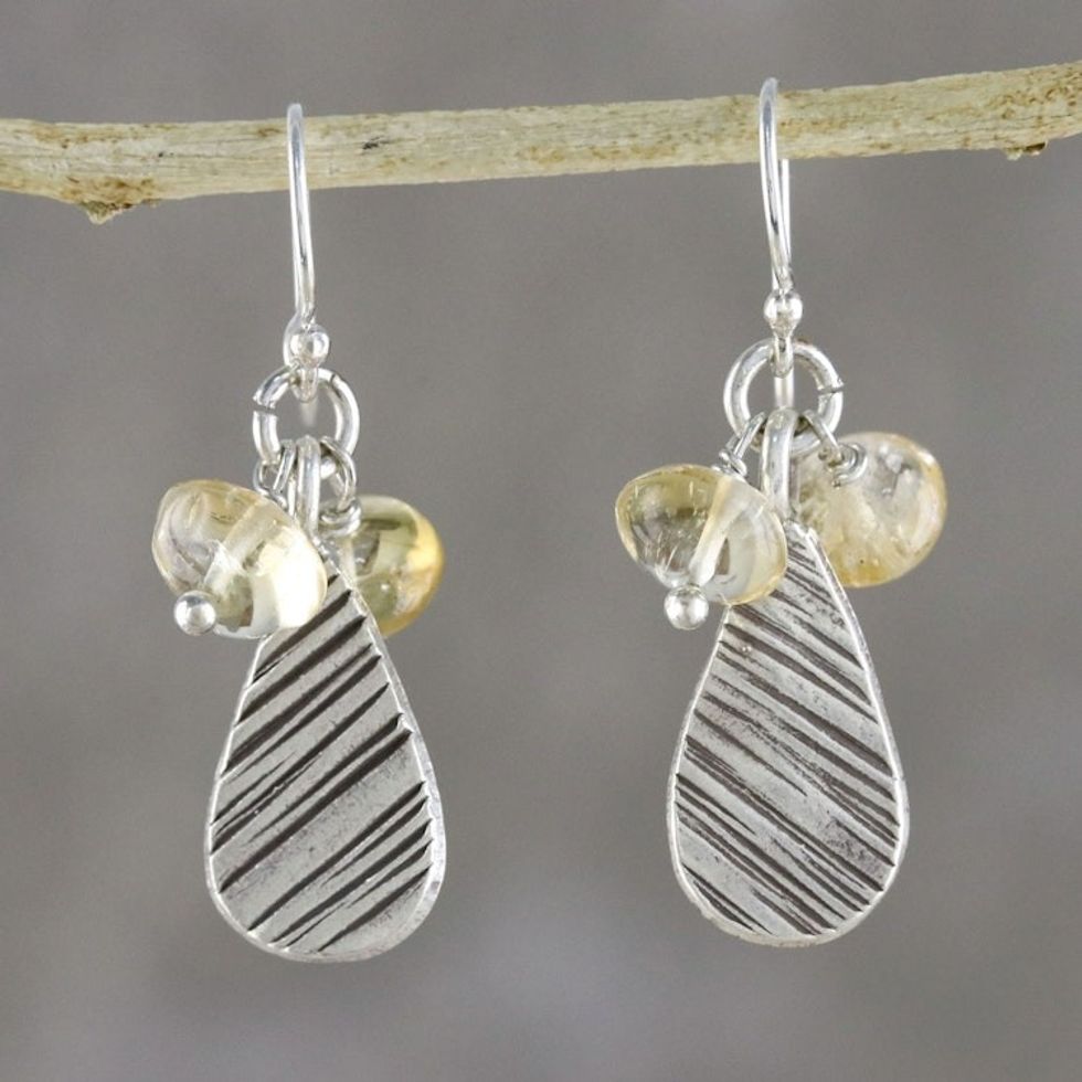 Citrine and Karen Silver Dangle Earrings from Thailand 'Lucky Texture'