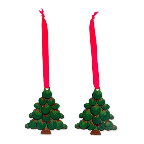 Alternate image for Nature-Themed Christmas Tree-Shaped Green Wood Ornament Pair Evergreen Christmas