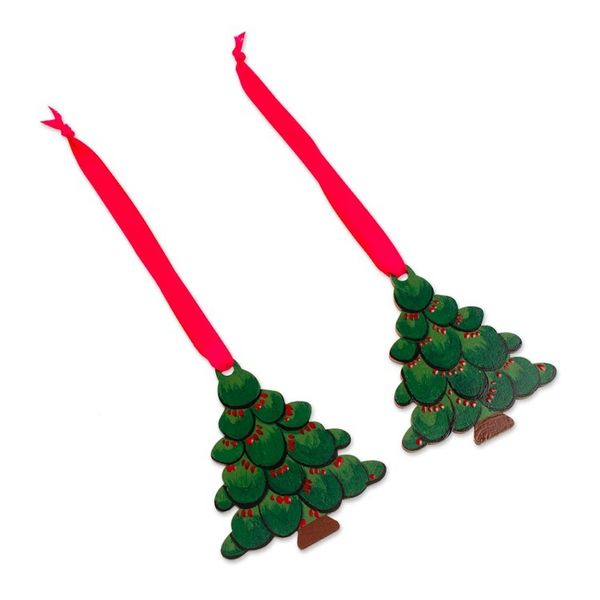 Alternate image for Nature-Themed Christmas Tree-Shaped Green Wood Ornament Pair Evergreen Christmas