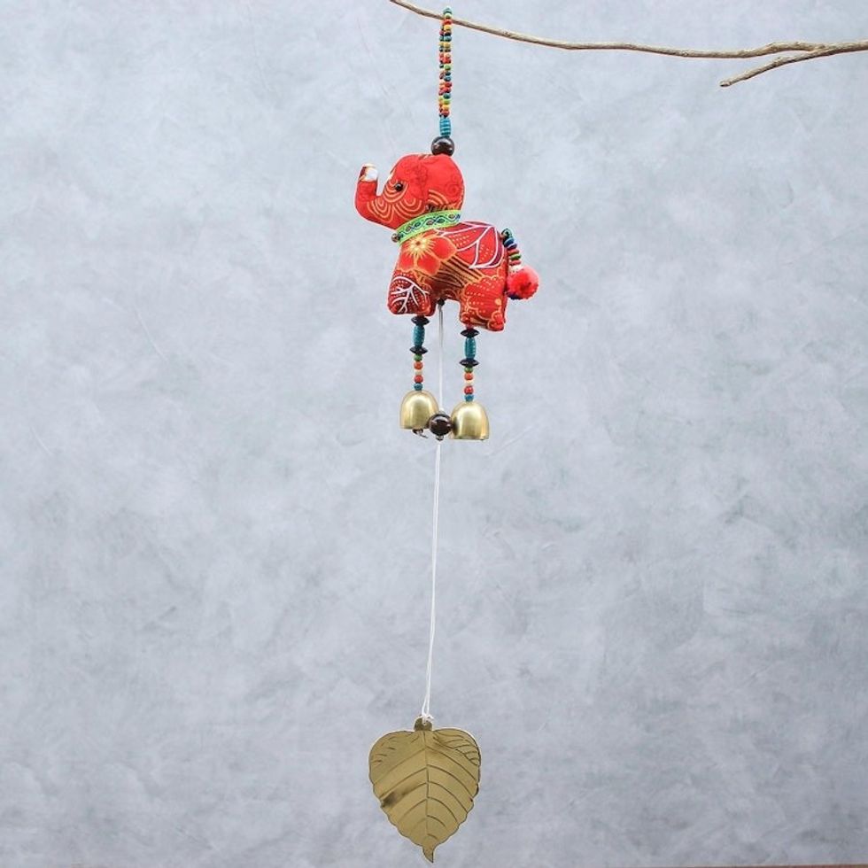 Elephant-Themed Cotton Mobile in Red from Thailand 'Elephant Dance in Red'