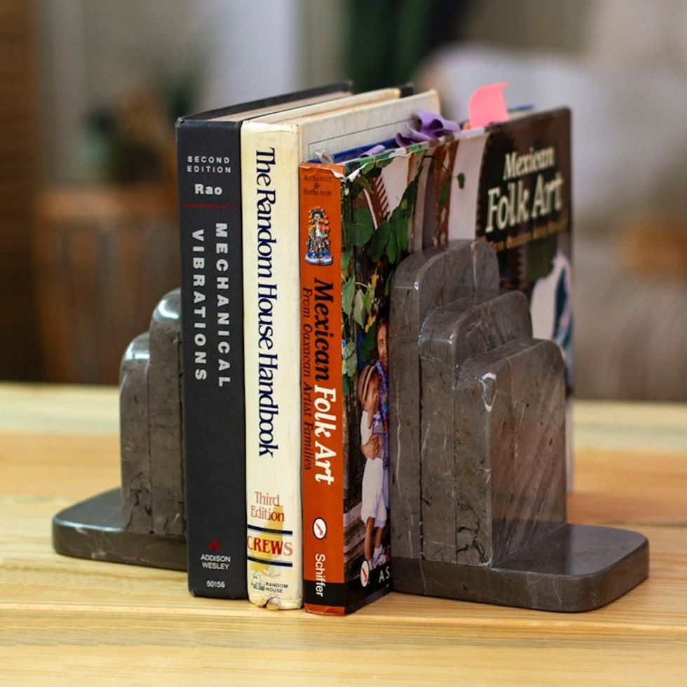 Modern Handcrafted Dark Grey Natural Marble Bookend Pair 'Illustrious Shadows'