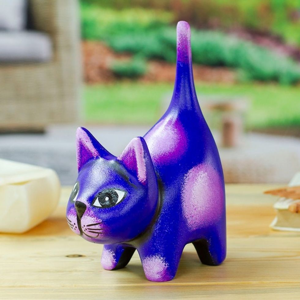 Hand-Painted Whimsical Ceramic Cat Sculpture in Purple 'Feline Audacity in Violet'
