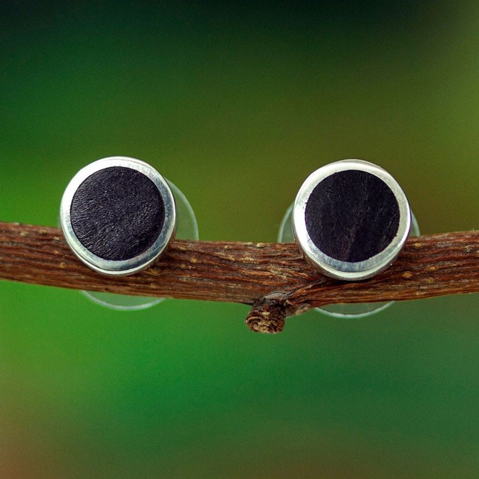 Polished Wood-Accented Round Sterling Silver Stud Earrings 'Freckly Forest'