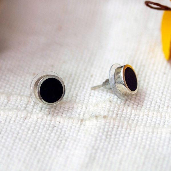 Alternate image for Polished Wood-Accented Round Sterling Silver Stud Earrings Freckly Forest