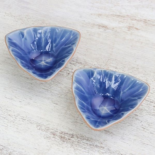 Alternate image for Handcrafted Triangular Blue Ceramic Condiment Servers Pair Luxe Leaves in Blue