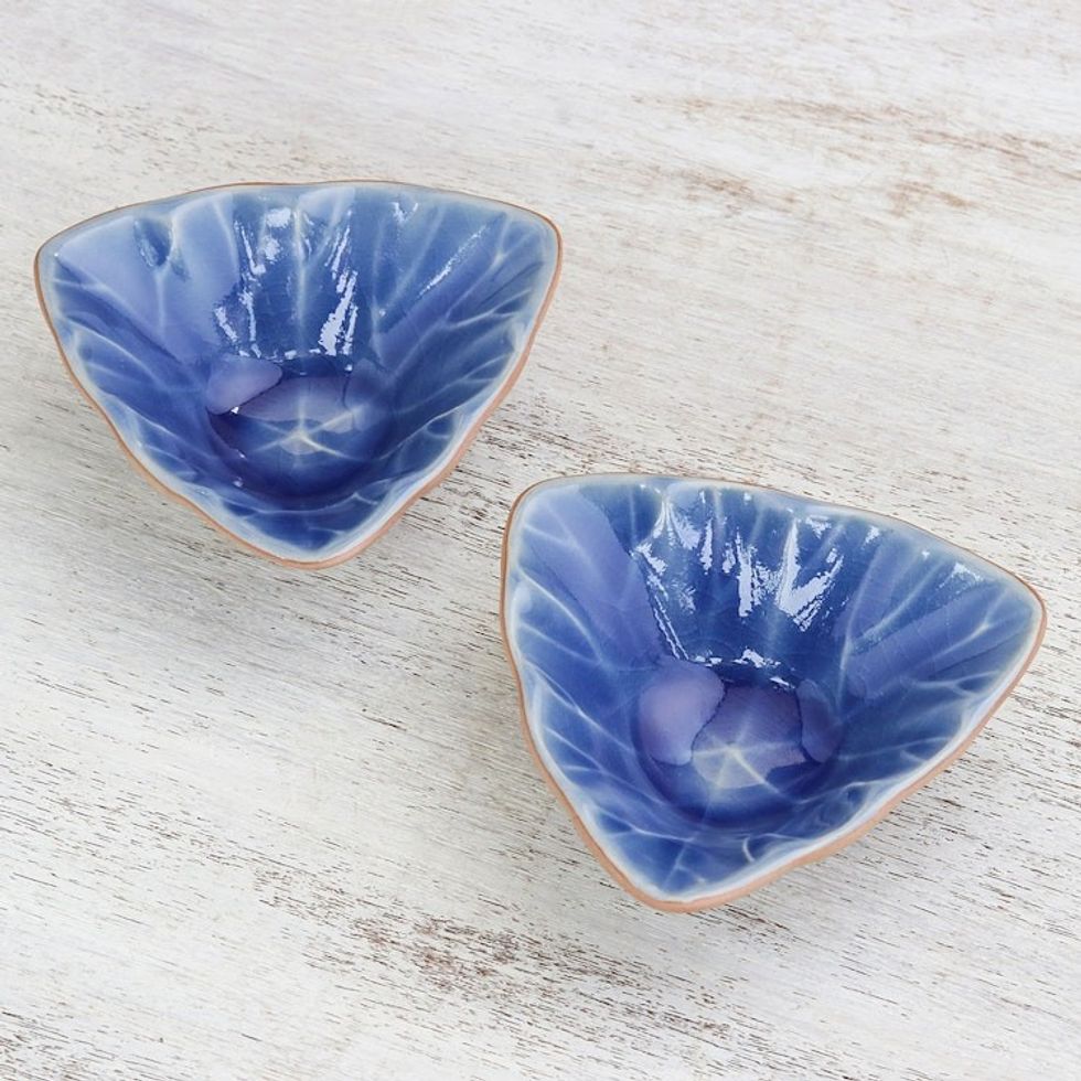 Handcrafted Triangular Blue Ceramic Condiment Servers Pair 'Luxe Leaves in Blue'