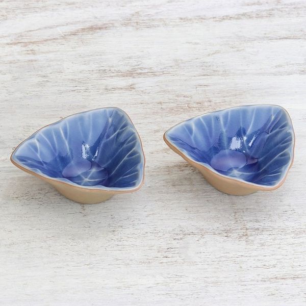 Alternate image for Handcrafted Triangular Blue Ceramic Condiment Servers Pair Luxe Leaves in Blue