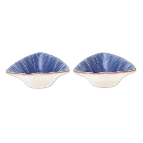 Alternate image for Handcrafted Triangular Blue Ceramic Condiment Servers Pair Luxe Leaves in Blue