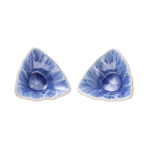 Alternate image for Handcrafted Triangular Blue Ceramic Condiment Servers Pair Luxe Leaves in Blue