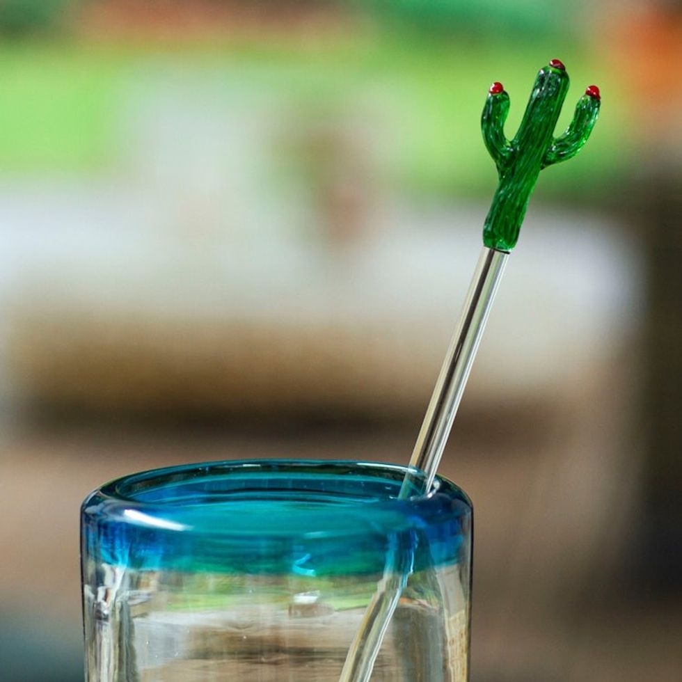 2 Handblown Recycled Glass Drink Stirrers with Cactus Motif 'Cactus Cheers'
