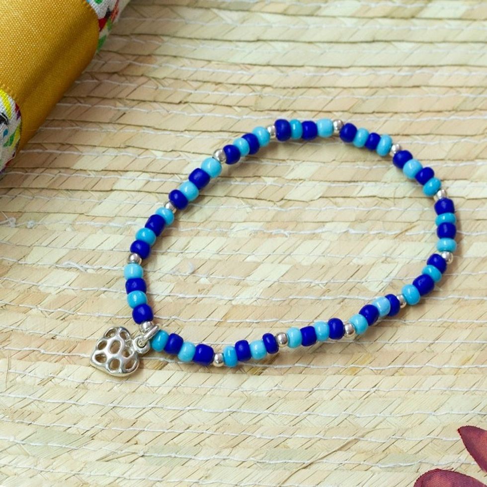 Beaded Stretch Bracelet with Taxco Silver Heart Charm 'Openwork Heart'