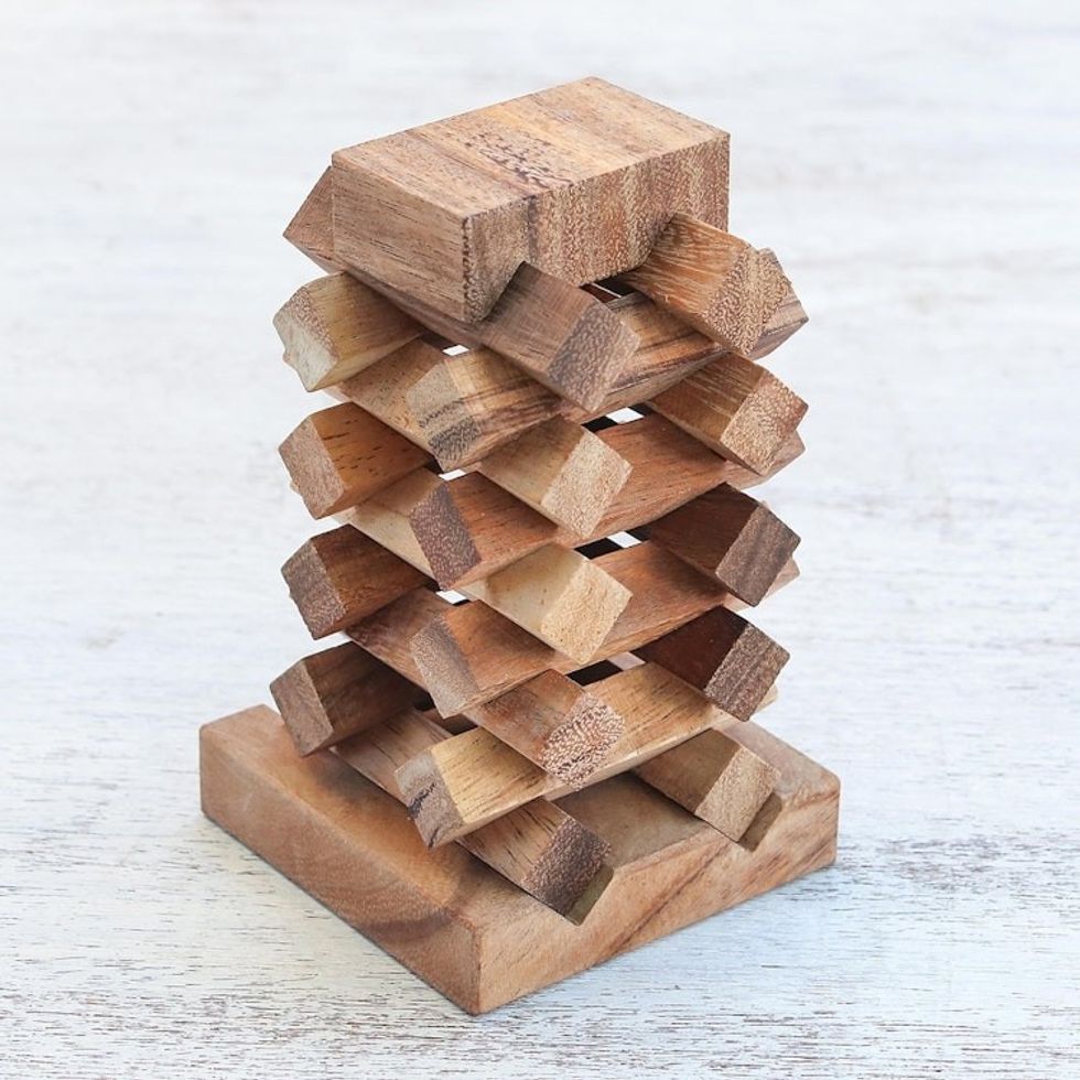 18-Piece Raintree Wood Tower Puzzle from Thailand 'Tower of Pisa'