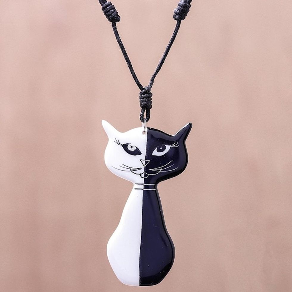Black and White Ceramic Cat Pendant Necklace from Thailand 'Black and White Cat'