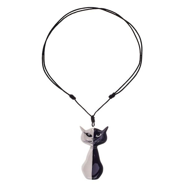 Alternate image for Black and White Ceramic Cat Pendant Necklace from Thailand Black and White Cat