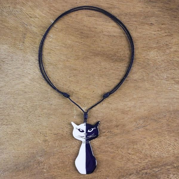Alternate image for Black and White Ceramic Cat Pendant Necklace from Thailand Black and White Cat