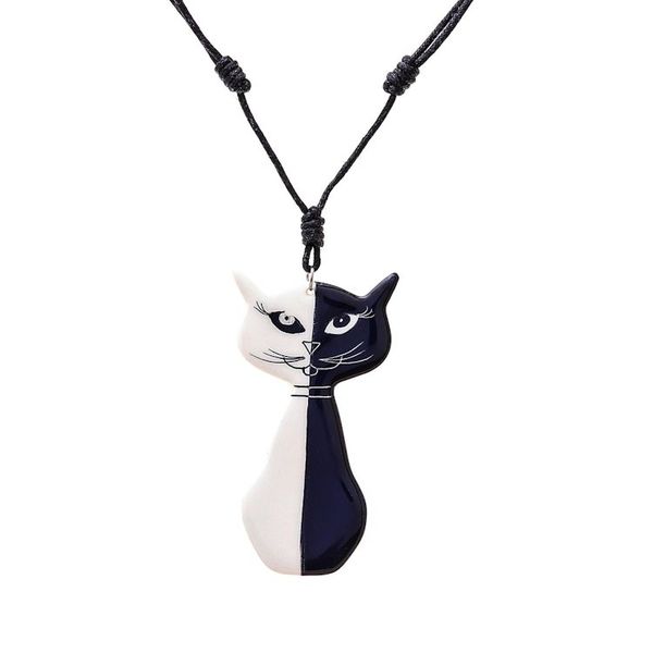 Alternate image for Black and White Ceramic Cat Pendant Necklace from Thailand Black and White Cat