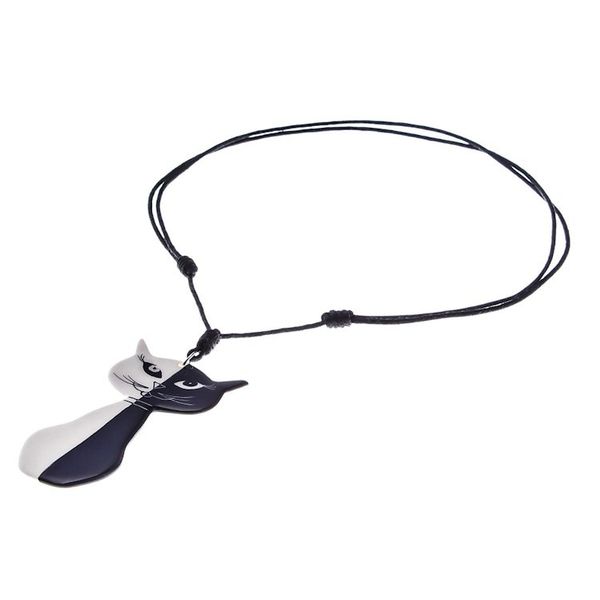 Alternate image for Black and White Ceramic Cat Pendant Necklace from Thailand Black and White Cat