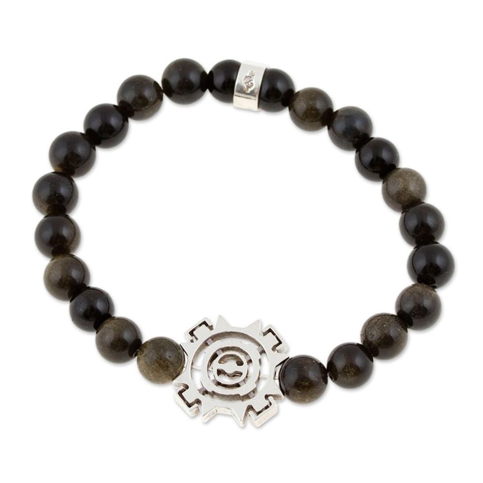 Men's Onyx Stretch Bracelet with Taxco Silver Sun Pendant 'Sublime Sun'
