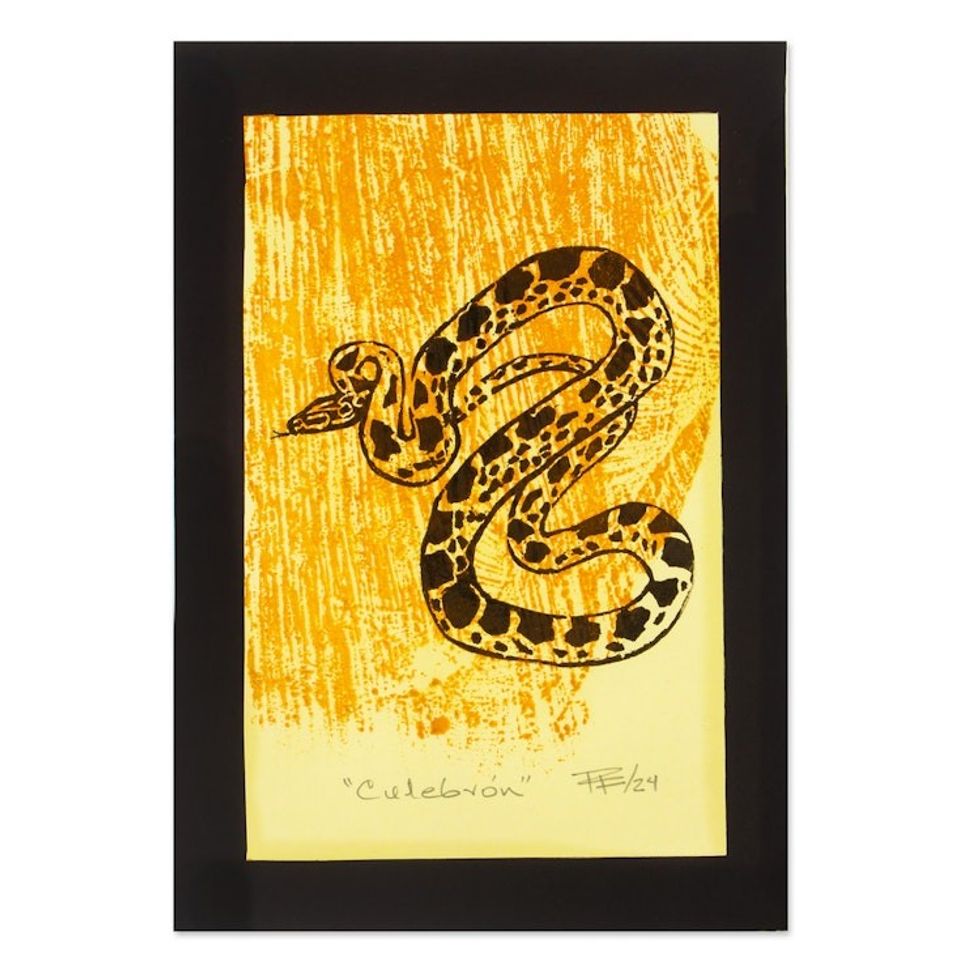 Yellow Black Modern Snake Ink on Paper Wood Block Print 'Yellow Snake'