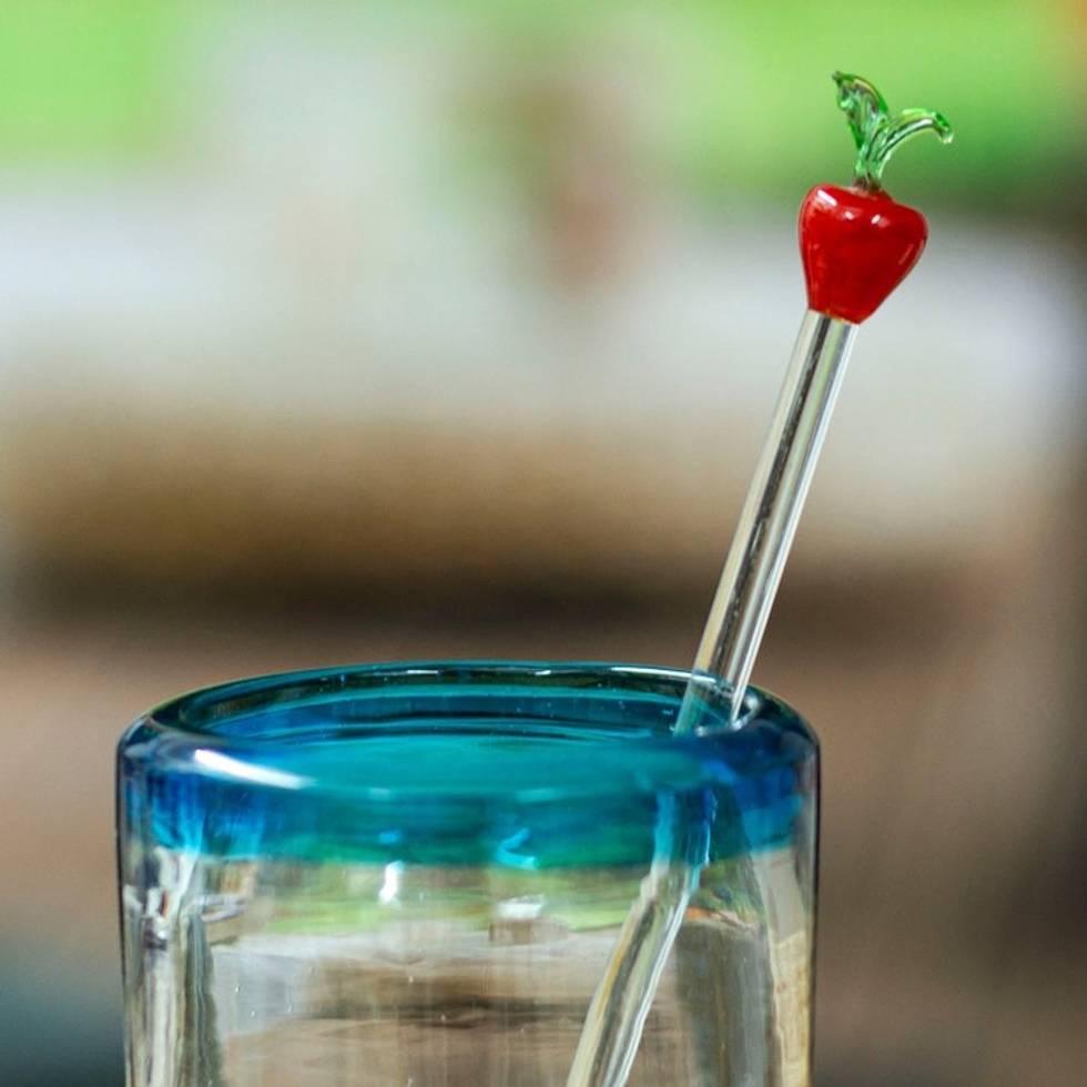 2 Handblown Recycled Glass Drink Stirrers with Apple Design 'Red Apple Cheers'