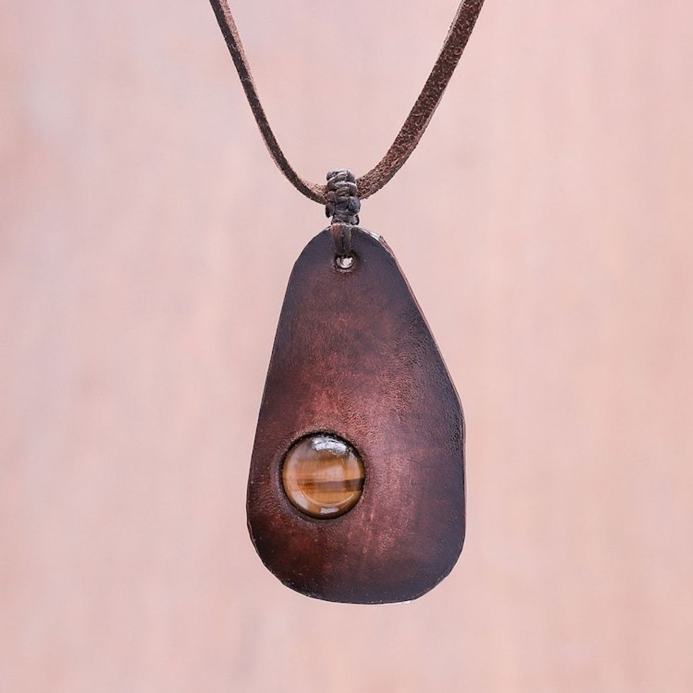 Tiger's Eye and Leather Pendant Necklace from Thailand 'Stylish Avocado'