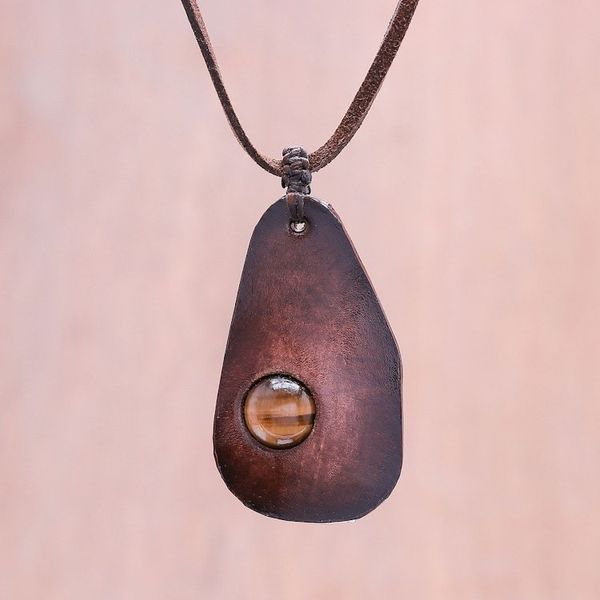 Alternate image for Tigers Eye and Leather Pendant Necklace from Thailand Stylish Avocado