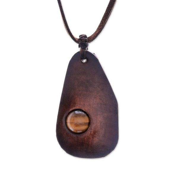 Alternate image for Tigers Eye and Leather Pendant Necklace from Thailand Stylish Avocado