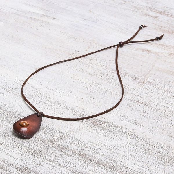 Alternate image for Tigers Eye and Leather Pendant Necklace from Thailand Stylish Avocado