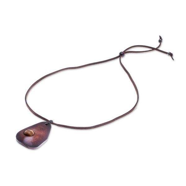 Alternate image for Tigers Eye and Leather Pendant Necklace from Thailand Stylish Avocado