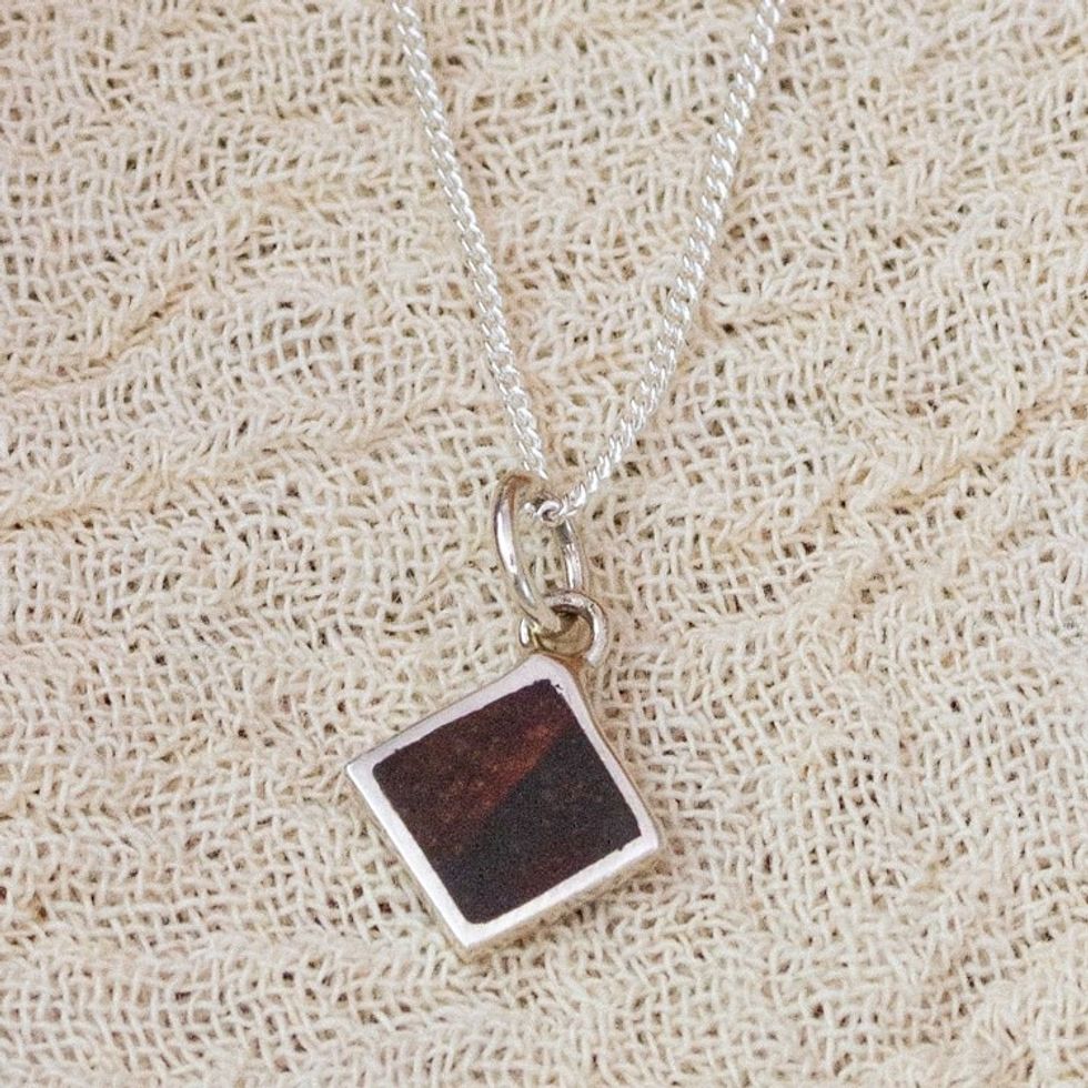 Diamond-Shaped Wood and Sterling Silver Pendant Necklace 'Authentic Forest'
