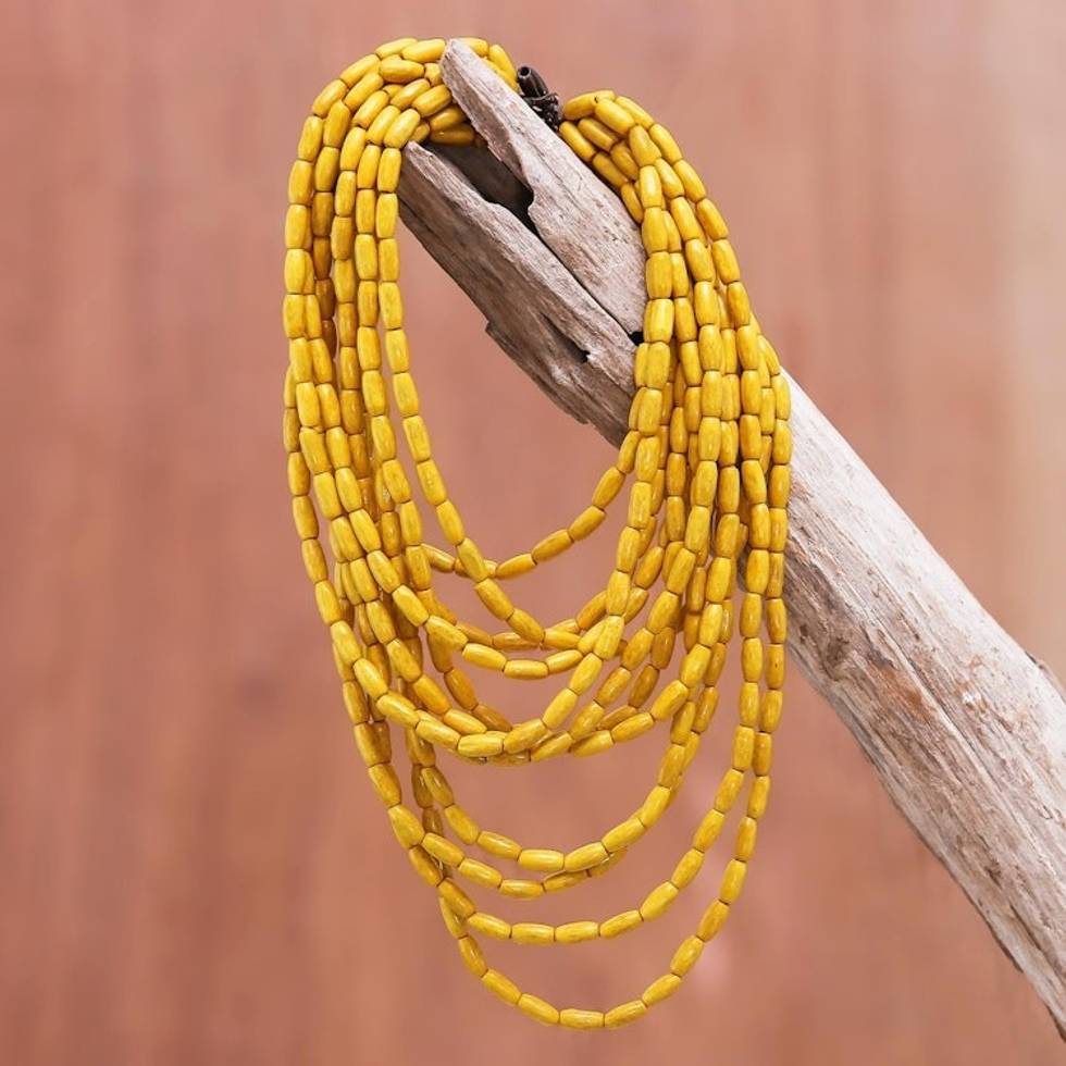 Wood Beaded Strand Necklace in Maize from Thailand 'Cute Boho in Maize'