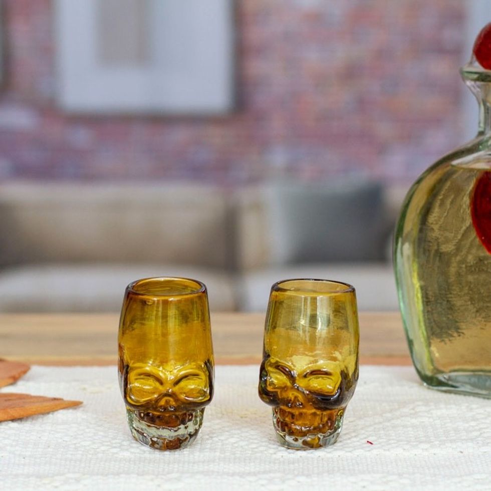 Pair of Handblown Recycled Glass Brown Skull Tequila Glasses 'Amber Mexican Skull'