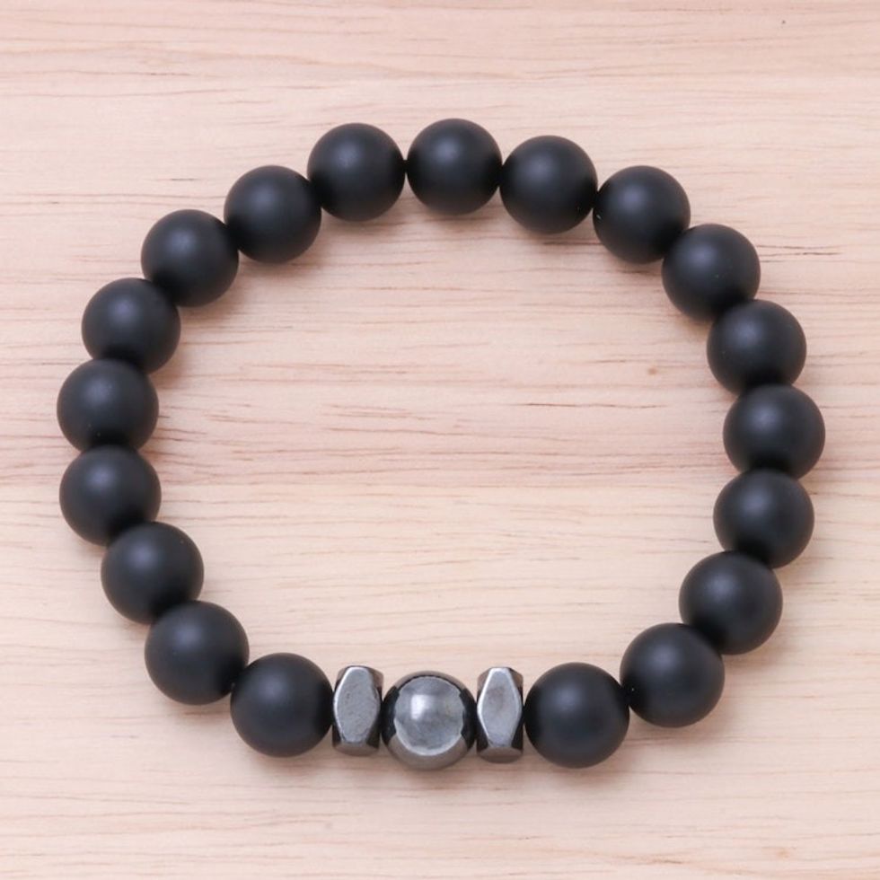 Black Onyx Beaded Stretch Bracelet from Thailand 'Black Sky'