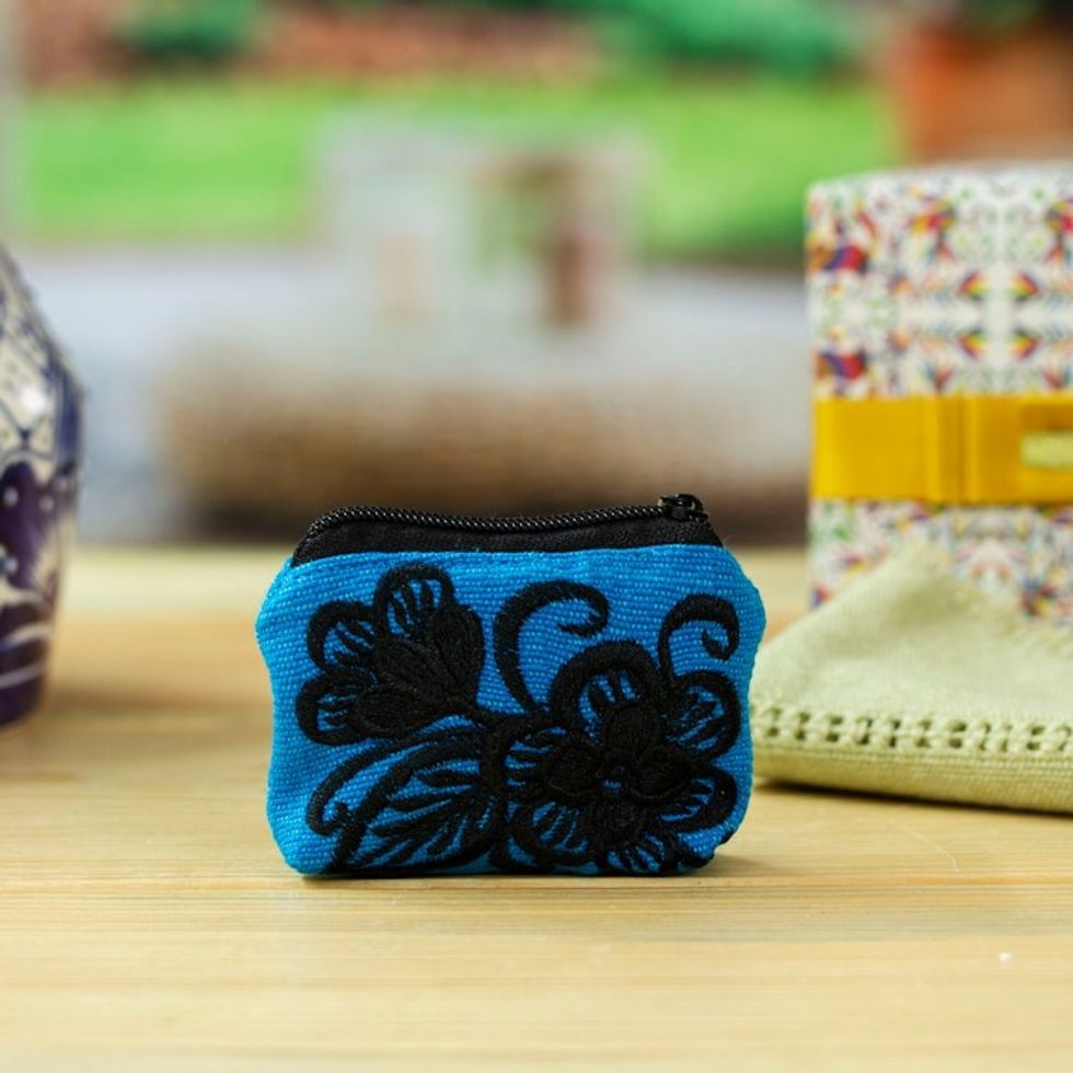Floral Embroidered Cyan Cotton Coin Purse Made in Mexico 'Cyan Flora'