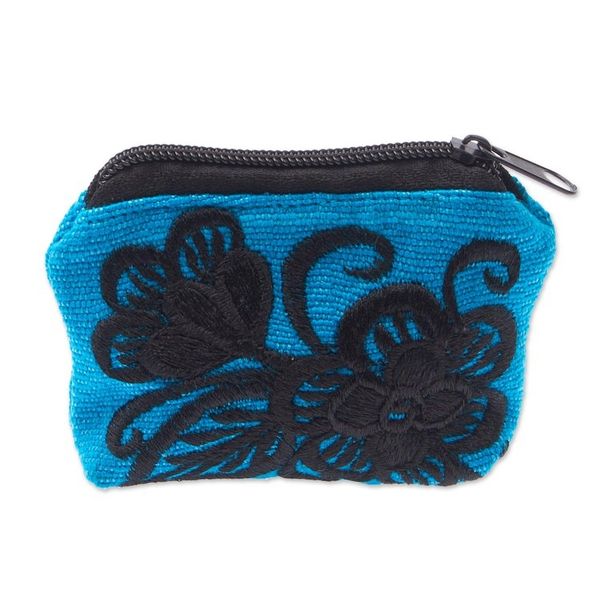 Alternate image for Floral Embroidered Cyan Cotton Coin Purse Made in Mexico Cyan Flora