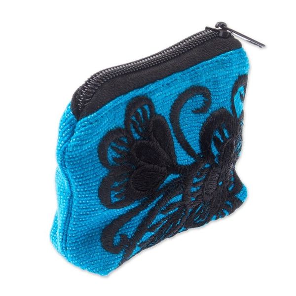 Alternate image for Floral Embroidered Cyan Cotton Coin Purse Made in Mexico Cyan Flora
