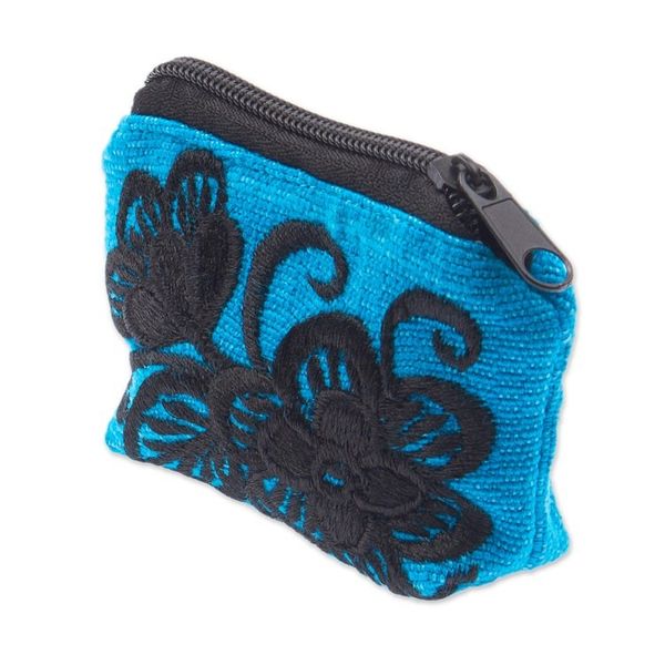 Alternate image for Floral Embroidered Cyan Cotton Coin Purse Made in Mexico Cyan Flora