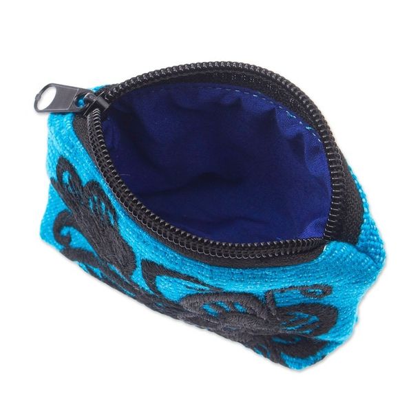 Alternate image for Floral Embroidered Cyan Cotton Coin Purse Made in Mexico Cyan Flora
