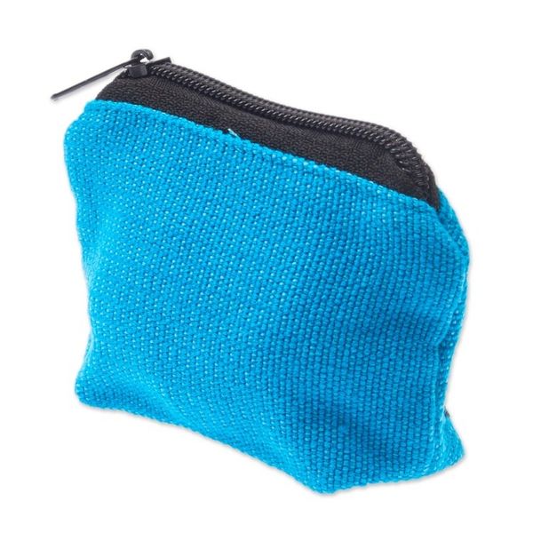 Alternate image for Floral Embroidered Cyan Cotton Coin Purse Made in Mexico Cyan Flora