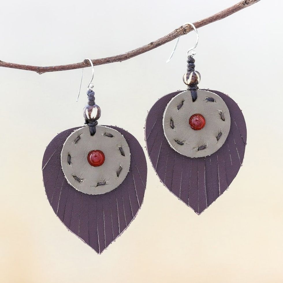 Carnelian and Handcrafted Leather Dangle Earrings 'Aurora Leaves'