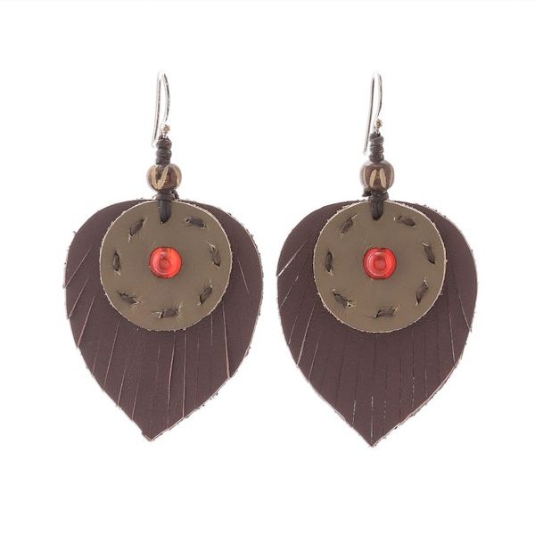 Alternate image for Carnelian and Handcrafted Leather Dangle Earrings Aurora Leaves