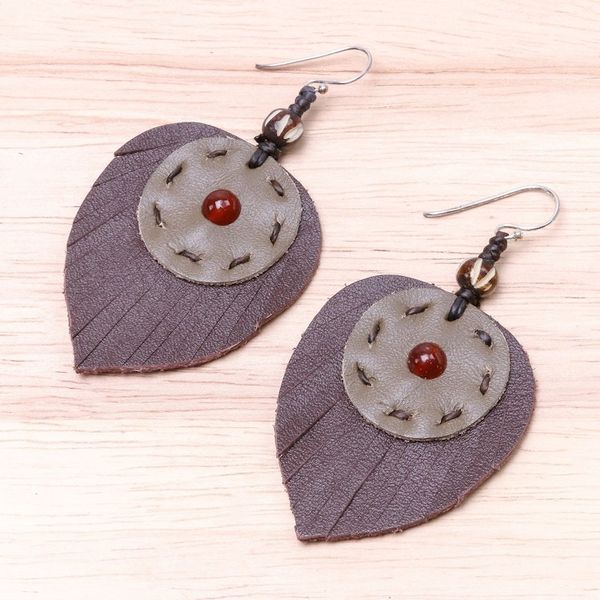 Alternate image for Carnelian and Handcrafted Leather Dangle Earrings Aurora Leaves