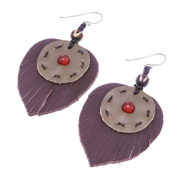 Alternate image for Carnelian and Handcrafted Leather Dangle Earrings Aurora Leaves
