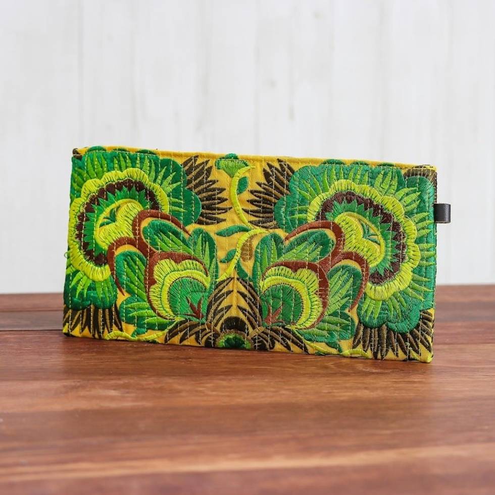 Green Floral Cotton Blend Clutch from Thailand 'Magic Flower'
