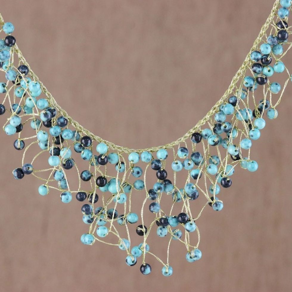 Glass Beaded Waterfall Necklace in Blue from Thailand 'Fantasy Rain in Blue'