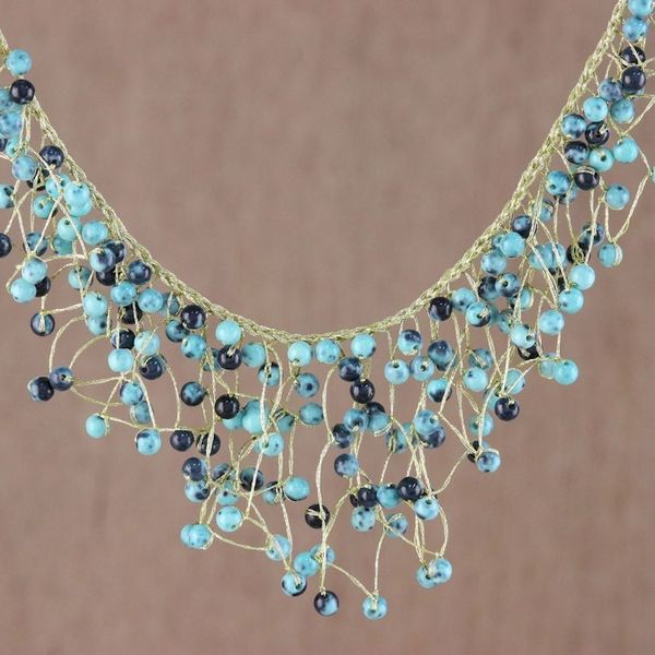 Alternate image for Glass Beaded Waterfall Necklace in Blue from Thailand Fantasy Rain in Blue