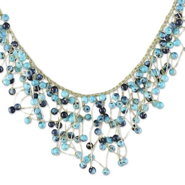 Alternate image for Glass Beaded Waterfall Necklace in Blue from Thailand Fantasy Rain in Blue