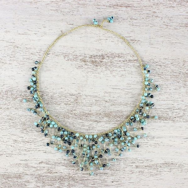 Alternate image for Glass Beaded Waterfall Necklace in Blue from Thailand Fantasy Rain in Blue